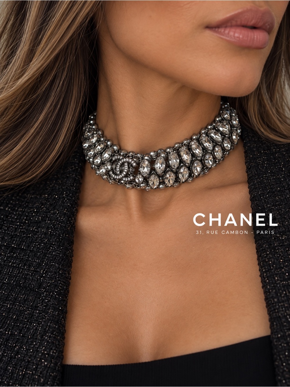 CHANEL Silver Crystal CC Choker Necklace